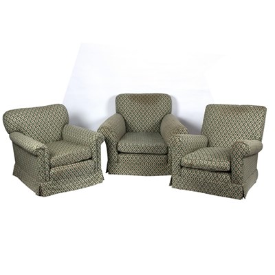 Lot 876 - Three upholstered armchairs covered in berry...