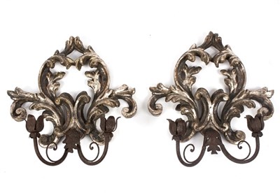Lot 976 - A pair of Italian silvered wall lights each...