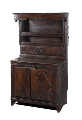 Lot 989 - A 17th Century oak food cupboard with later...