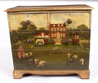 Lot 1017 - A painted chest of drawers, cricketing view,...