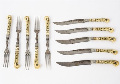 Lot 137 - A set of five pairs of bone handled knives and...