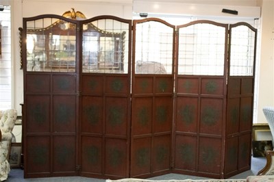 Lot 502 - A five-panel four-fold screen with leaded...