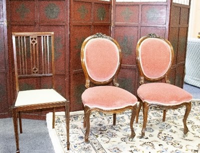 Lot 609 - A pair of French balloon back chairs, an...