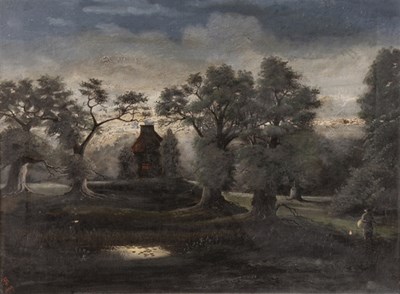 Lot 646 - TB/Moonlit Landscape/with house in a wooded...