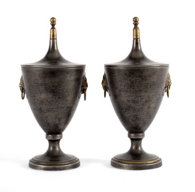 Lot 9 - A pair of oval toleware vases and covers,...