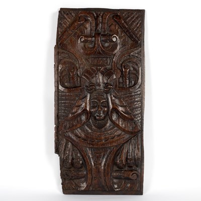 Lot 18 - A 17th Century style carved panel, mask head...