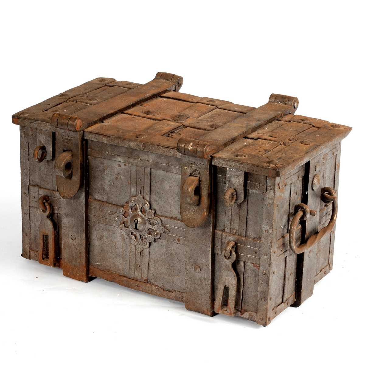 Lot 47 - A wrought iron strong box, rectangular with