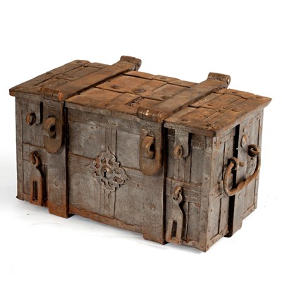 Lot 47 - A wrought iron strong box, rectangular with...