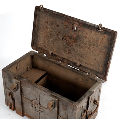 Lot 47 - A wrought iron strong box, rectangular with...
