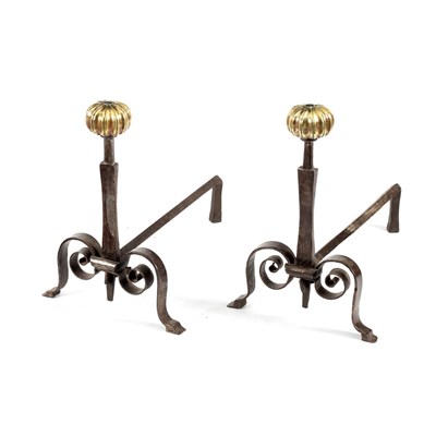 Lot 48 - A pair of wrought iron fire dogs with reeded...