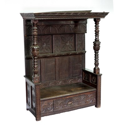 Lot 51 - A 15th Century style carved oak canap?© with...