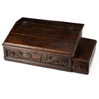 Lot 54 - A carved oak bible box initialled and dated...