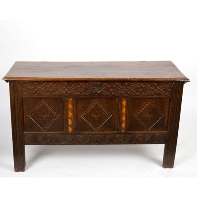 Lot 122 - A 17th Century oak coffer with strapwork...