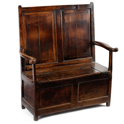 Lot 215 - An oak box settle with twin panel back, 111cm...