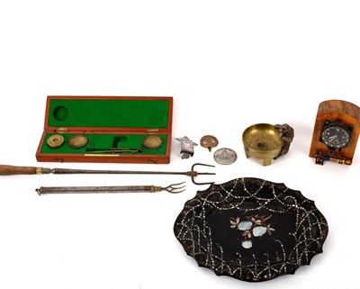 Lot 250 - A carved balance scale, a mounted watch, a...