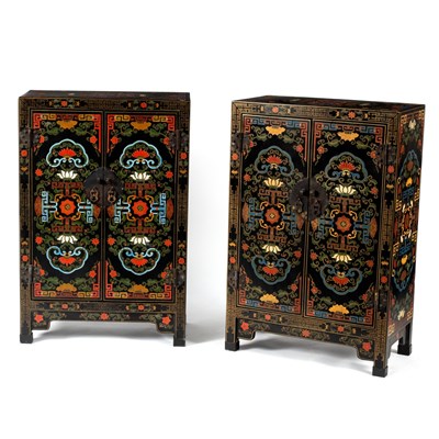 Lot 262 - A pair of Chinese black lacquer cupboards...