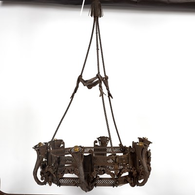 Lot 284 - A wrought iron six-light chandelier, with...