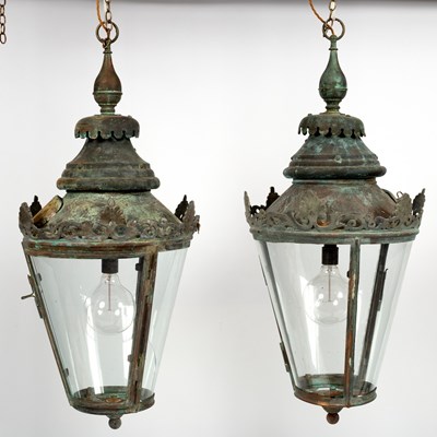 Lot 285 - A pair of copper lanterns with crown tops and...