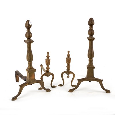 Lot 293 - A pair of brass fire dogs with turned finials,...