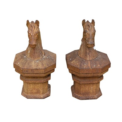 Lot 361 - A pair of cast iron horse head gate post...