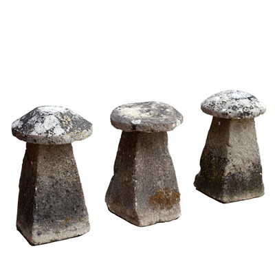 Lot 364 - Three staddle stones with tops and bases, 78cm...