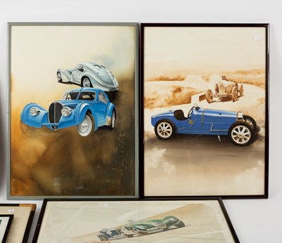 Lot 490 - Three lithographs, Bugatti, etc. and various...