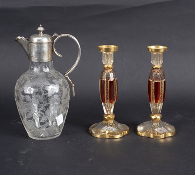 Lot 156 - An etched glass claret jug with plated mounts,...