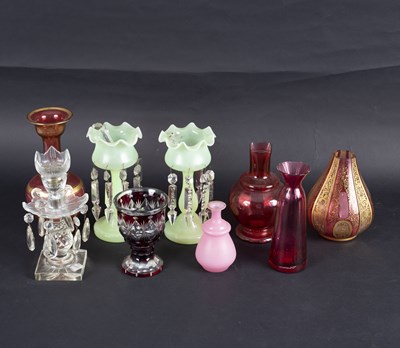 Lot 160 - A Victorian cut glass lustre candlestick hung...