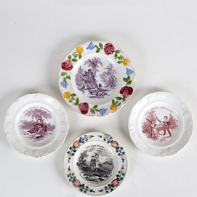 Lot 176 - Four printed and painted nursery plates, the...