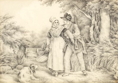 Lot 503 - M Welch/Companions in a Landscape/pencil, 13cm...