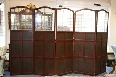 Lot 605 - A five-panel, four-fold screen with leaded...