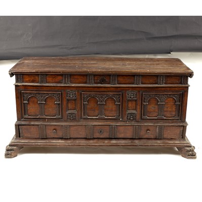 Lot 687 - An 18th Century Italian walnut cassone, the...