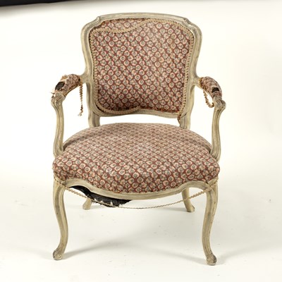 Lot 774 - A painted fauteuil chair with upholstered back,...