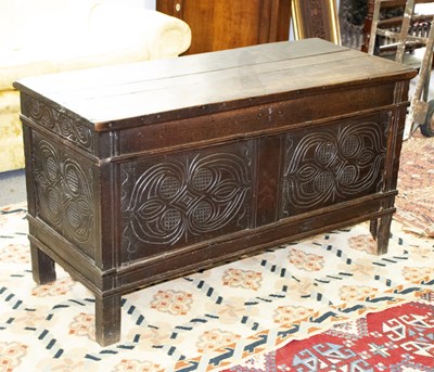 Lot 812 - 17th Century oak coffer with decorative carved...