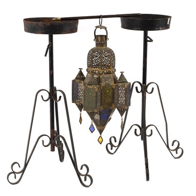 Lot 820 - A pierced brass Turkish hanging lantern with...