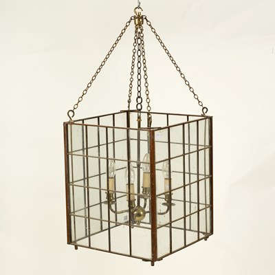 Lot 829 - A brass framed glazed hall lantern of cube...