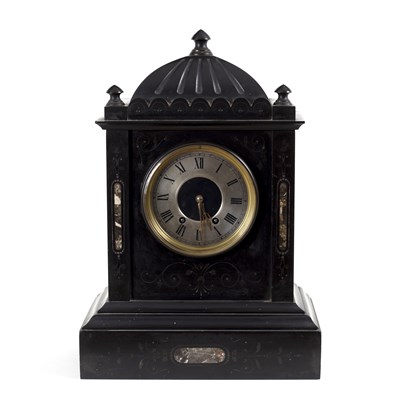 Lot 853 - A black slate mantel clock the silvered dial...