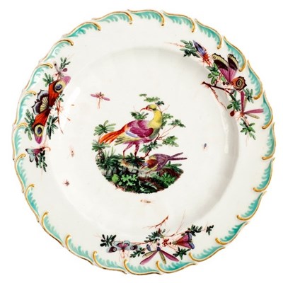 Lot 235 - A Chelsea plate painted exotic birds within a...