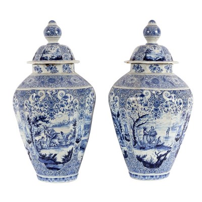 Lot 248 - A large pair of Delftware blue and white vases...