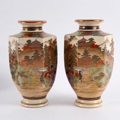 Lot 314 - A pair of Japanese Satsuma hexagonal vases,...