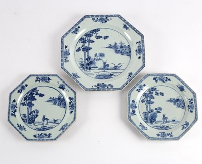 Lot 351 - Three Chinese export blue and white octagonal...