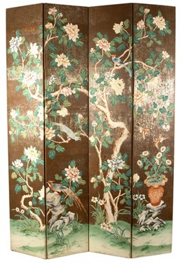 Lot 383 - A Chinese painted four-fold screen, decorated...