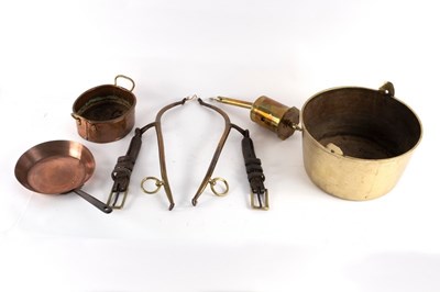 Lot 406 - Two preserving pans, a pair of hames, a frying...