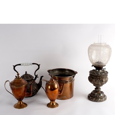 Lot 414 - A Victorian lamp with engraved glass shade, a...