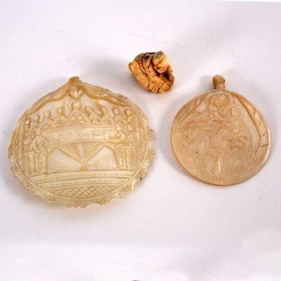 Lot 448 - Two Jerusalem mother-of-pearl carvings, one...