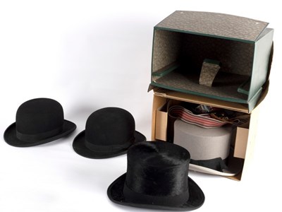 Lot 464 - Two silk mourning hats and two bowler hats