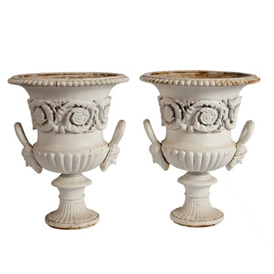 Lot 501 - A pair of cast iron campana shaped urns,...