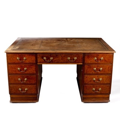 Lot 609 - A partners' burr walnut desk, fitted drawers...