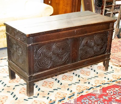 Lot 644 - 17th Century oak coffer with decorative carved...