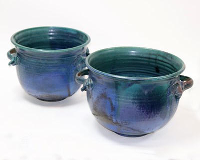 Lot 226 - Two large two-handled planters, blue/green...